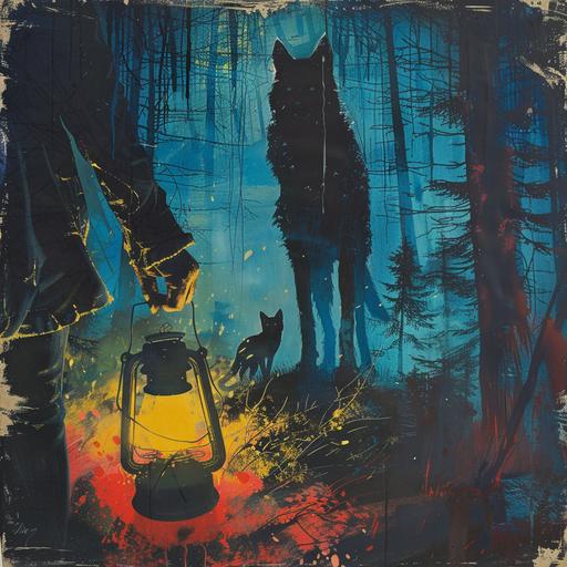 1980s horror movie poster art, creepy illustration, cover art, a girl's hand extends from the photo holding a kerosene lantern, shining a yellow light upon the floor of a dark pine forest, a small ginger cat next to the light and a silhouette of a large werewolf standing in the background, Stephen King inspired, eerie atmosphere, creepy mood, gore and haunting artwork, VHS cover art, nostalgic, blues and reds--v 6.0 --v 6.0