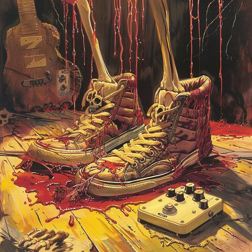 1980s horror movie poster art, creepy illustration, cover art, two skate shoes sitting in a pool of red liquid on a rotting wooden floor, the front of the shoes are torn and you can see skeleton feet hanging out, and leg bones extend from out of the shoes, a stomp box pedal sits nearby with yellow light shining on, eerie atmosphere, --v 6.0