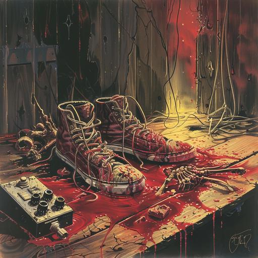 1980s horror movie poster art, creepy illustration, cover art, two skate shoes sitting in a pool of red liquid on a rotting wooden floor, the front of the shoes are torn and you can see skeleton feet hanging out, and leg bones extend from out of the shoes, a stomp box pedal sits nearby with yellow light shining on, eerie atmosphere, --v 6.0