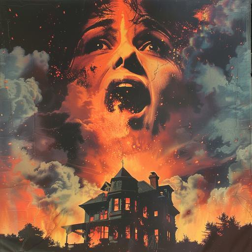 1980s horror movie poster art, illustration, a large Victorian style home sits eerily, burning and above in the night sky and clouds a woman's face screams in agony, creepy, haunting --v 6.0