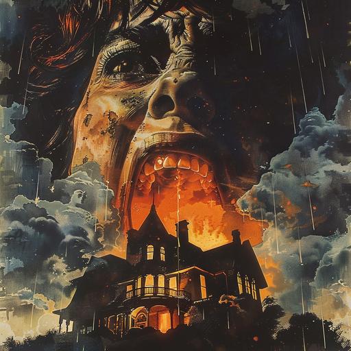 1980s horror movie poster art, illustration, a large Victorian style home sits eerily, burning and above in the night sky and clouds a woman's face screams in agony, creepy, haunting --v 6.0