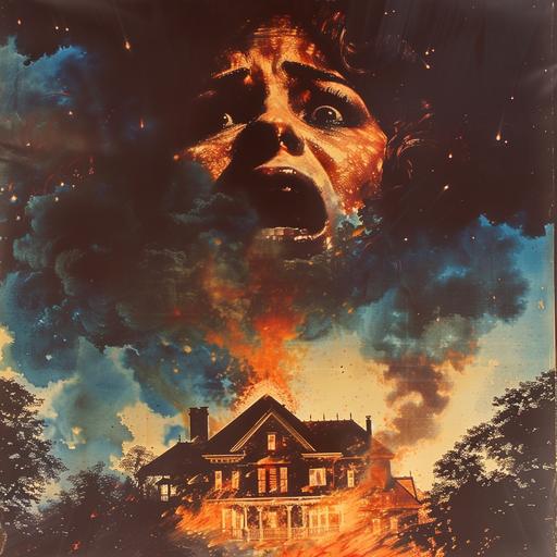 1980s horror movie poster art, illustration, a large Victorian style home sits eerily, burning and above in the night sky and clouds a woman's face screams in agony, creepy, haunting --v 6.0