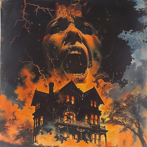 1980s horror movie poster art, illustration, a large Victorian style home sits eerily, burning and above in the night sky and clouds a woman's face screams in agony, creepy, haunting --v 6.0