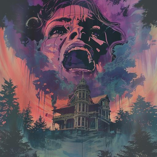 1980s horror movie poster art, illustration, a large Victorian style home sits eerily and above in the night sky and clouds a woman's face screams in agony, creepy, haunting
