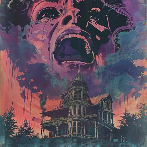 1980s horror movie poster art, illustration, a large Victorian style home sits eerily and above in the night sky and clouds a woman's face screams in agony, creepy, haunting