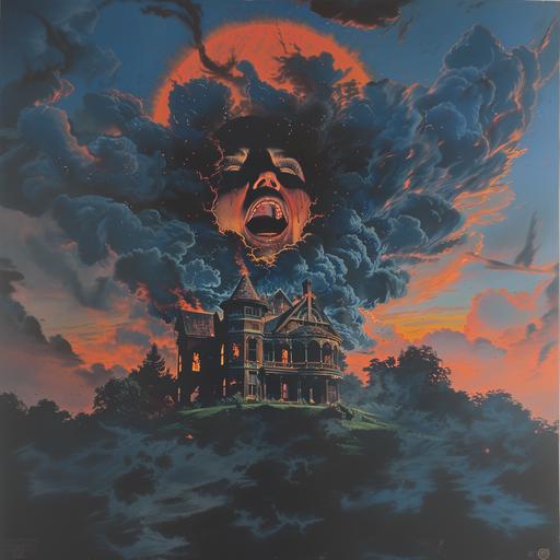1980s horror movie poster art, illustration, a large Victorian style home sits eerily, burning and above in the night sky and clouds a woman's face screams in agony, creepy, haunting