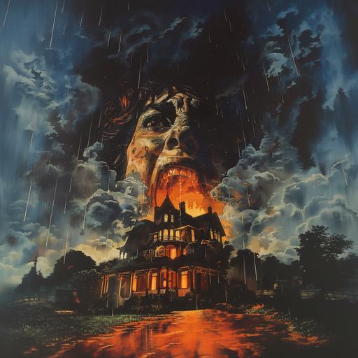 1980s horror movie poster art, illustration, a large Victorian style home sits eerily, burning and above in the night sky and clouds a woman's face screams in agony, creepy, haunting --v 6.0