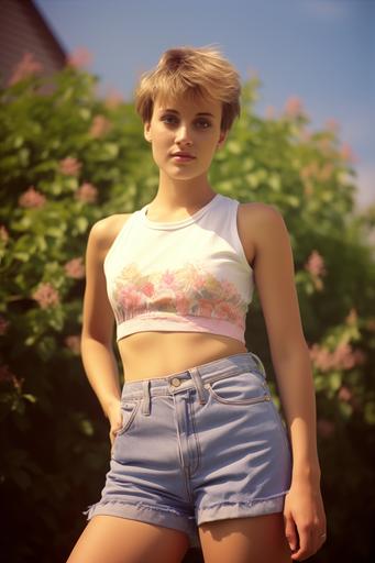 1980's model with short cropped hair, age 30, wearing open midriff and daisy duke jean shorts, outdoor portrait full body, kodak photography backlighting --ar 2:3