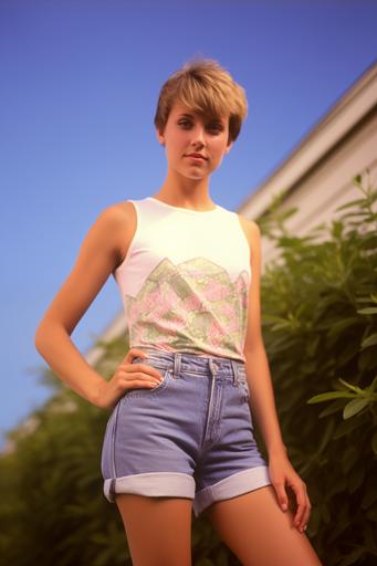1980's model with short cropped hair, age 30, wearing open midriff and daisy duke jean shorts, outdoor portrait full body, kodak photography backlighting --ar 2:3