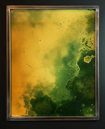1980s photonegative refractograph in lime green and ochre. framed in metal. --ar 843:1022 --v 6.0