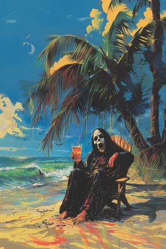 1980s slasher movie poster, 1980s horror movie cover art, horror illustration, slasher, ghost face from the movie scream sitting on a beach sitting a drink, Wes craven, scream movie franchise, horror movie, slasher icon --ar 2:3