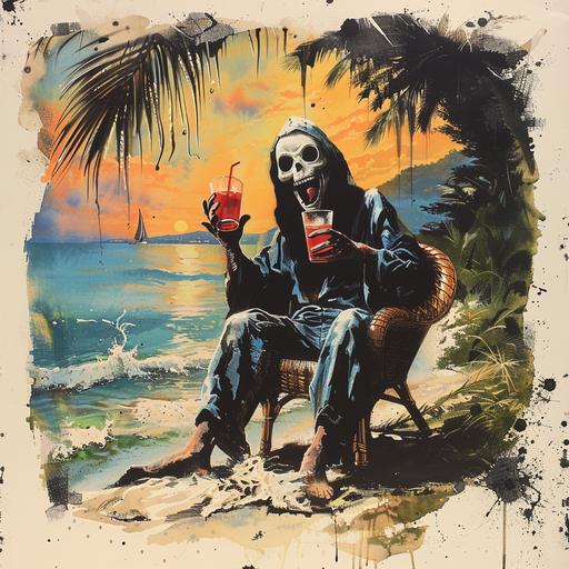 1980s slasher movie poster, 1980s horror movie cover art, horror illustration, slasher, ghost face from the movie scream sitting on a beach sitting a drink, Wes craven, scream movie franchise, horror movie, slasher icon