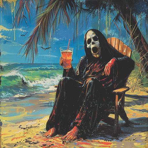 1980s slasher movie poster, 1980s horror movie cover art, horror illustration, slasher, ghost face from the movie scream sitting on a beach sitting a drink, Wes craven, scream movie franchise, horror movie, slasher icon