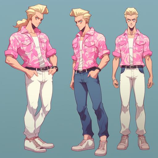 1980's style anime buff character sketches, Blonde insanely buff man wearing light blue jeans and white 80's high top sneakers and pink hawaiian shirt, slicked-back shoulder-length hair, lotus pattern on shirt, slicked back hairsynthwave color schemes, minimalist, crisp line-art, minimalist shading, heavy cross-hatching, heavy hatching, full-body, scar on face over eye