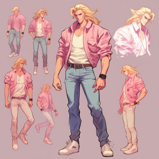 1980's style anime buff character sketches, Blonde insanely buff man wearing light blue jeans and white 80's high top sneakers and pink hawaiian shirt, slicked-back long hair, lotus pattern on shirt, slicked back hairsynthwave color schemes, minimalist, crisp line-art, minimalist shading, heavy cross-hatching, heavy hatching, full-body, scar on face over eye