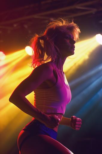 1980s swedish blonde fitness girl in mid-century modern jazzercise spandex, stage lighting --ar 2:3 --v 6.0