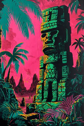 1980s tiki movie poster, easter island, blockbuster movie poster, comedy, screenprint saturday, screen print exceptionalism, rattan furniture, pink and green decor, dramatic lighting, typography, overprint, overlay, bright and bold colors, 80s aesthetic graphic design, neodeco --ar 2:3 --v 6.0