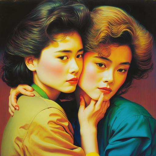 1980s, two japanese beatiful ladies, lesbian, hug