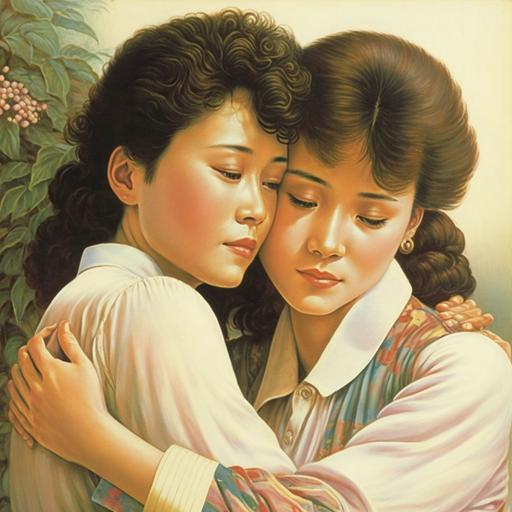 1980s, two japanese beatiful ladies, lesbian, hug
