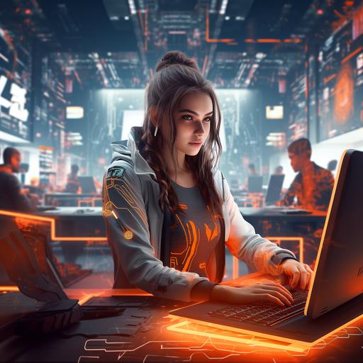 Cyberpunk style. The main colors for the image are white, orange and black. Futuristic beautiful young womens (3-5 womens) work in a bright neon office of the future. Logos are visible on their clothes - a white square with black capital letters AE (Arial font)