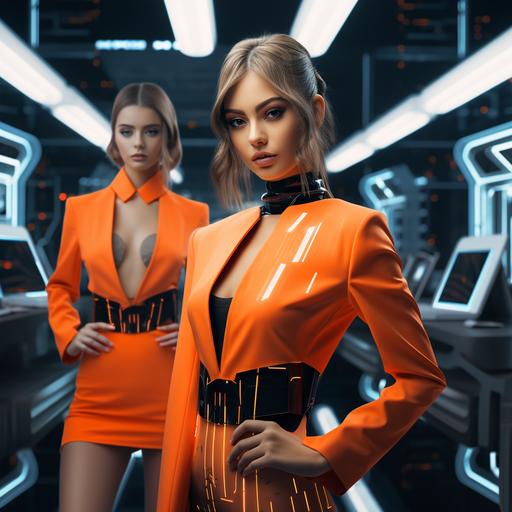 Cyberpunk style. The main colors for the image are white, orange and black. Futuristic beautiful young womens in short smart dresses (3-5 womens) work in a bright neon office of the future. Logos are visible on their clothes - a white square with black capital letters AE (Arial font)