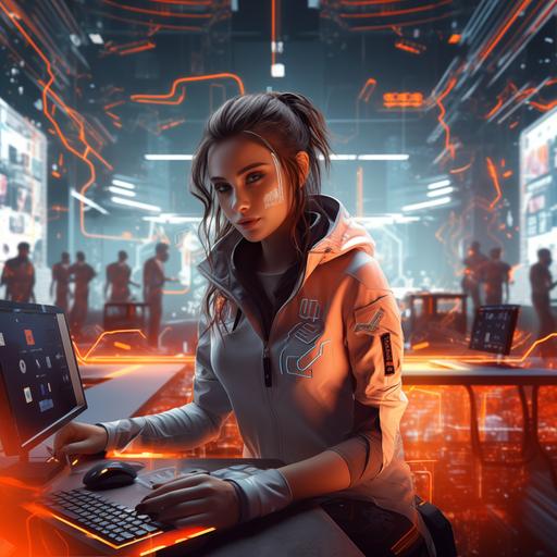Cyberpunk style. The main colors for the image are white, orange and black. Futuristic beautiful young womens (3-5 womens) work in a bright neon office of the future. Logos are visible on their clothes - a white square with black capital letters AE (Arial font)
