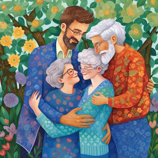Illustration of a young man with fair skin, green eyes, a short beard and slightly curly short hair dressed in a blue clinical suit is being hugged by 3 old women and an old man in a garden where there are colorful plants and flowers