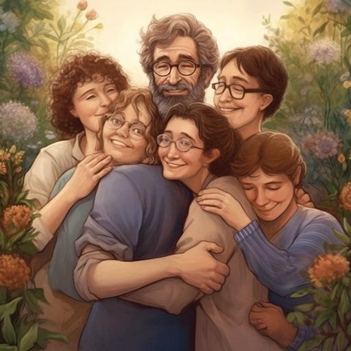 young chilean kinesiologist with fair skin and beard with brown hair and a little curly without glasses dressed in a blue kinesiologist uniform being hugged by 3 old women and 1 old man in a garden with lots of flowers and plants