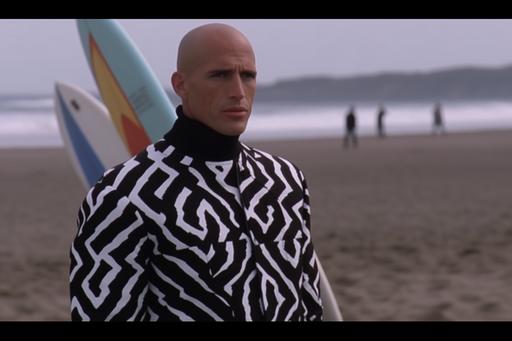 1990 screen grab of professional surfer Kelly Slater wearing A tailored oversized wetsuit with chrome, twisted geometric patterns, paired with baggy high-waisted trousers, fashion movie scene, Balenciaga grotesque --ar 3:2 --v 5.0