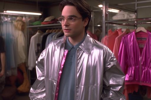 1990 screengrab of Leonard Hofstadter from Big Bang Theory wearing a grotesque shiny metallic silver windbreaker jacket, paired with acid-washed relaxed-fit jeans and a neon pink belt, fashion movie scene, Balenciaga commercial --ar 3:2 --v 5