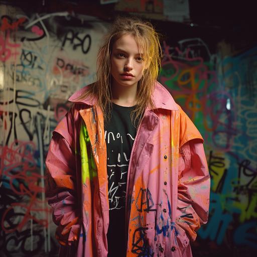 1990 screengrab of a model Alice wearing a long, oversized neon parka with reflective elements. Underneath, she wears a neon pink T-shirt dress paired with distressed acid wash jeans, both full of graffiti style doodles. Shoot from a dark Berlin street.