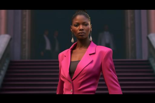 , 1990 screengrab of female model “Left 4 Dead 2 Rochelle” wearing a fitted bold pink Balenciaga power suit with a sharply cut shoulder blazer and high-waist black trousers, paired with black high-neck blouse, fashion movie scene, Balenciaga commercial --ar 3:2 --q 2 --s 750 --v 5.1 --style raw