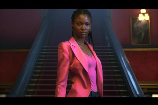 , 1990 screengrab of female model “Left 4 Dead 2 Rochelle” wearing a fitted bold pink Balenciaga power suit with a sharply cut shoulder blazer and high-waist black trousers, paired with black high-neck blouse, fashion movie scene, Balenciaga commercial --ar 3:2 --q 2 --s 750 --v 5.1 --style raw