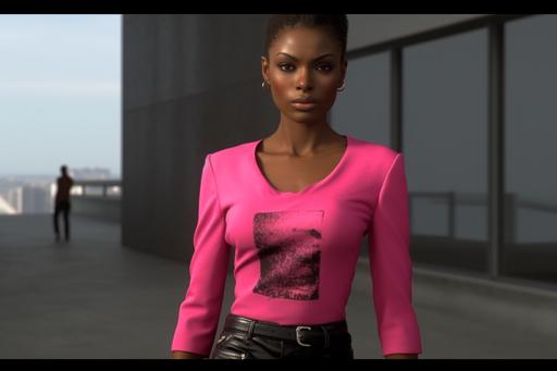 , 1990 screengrab of female model Left 4 Dead 2 Rochelle wearing a fitted bold pink Balenciaga power suit with a sharply cut shoulder blazer and high-waist black trousers, paired with black high-neck blouse, fashion movie scene, Balenciaga commercial --ar 3:2 --q 2 --s 750 --v 5.1 --style raw