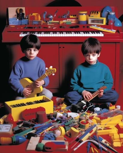 1990s album cover with no words, 35mm photo of two boys in a room with a plastic toy organ and toy drums and a couple plastic flutes, every element must be perfected to its very excellence :: --v 5 --ar 4:5