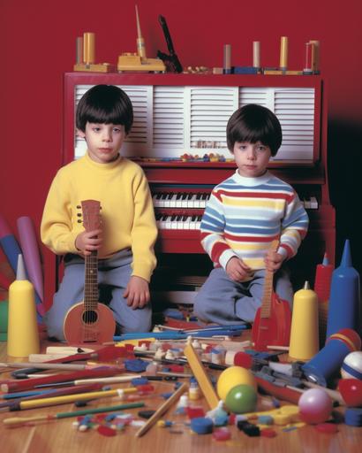 1990s album cover with no words, 35mm photo of two boys in a room with a plastic toy organ and toy drums and a couple plastic flutes, every element must be perfected to its very excellence :: --v 5 --ar 4:5