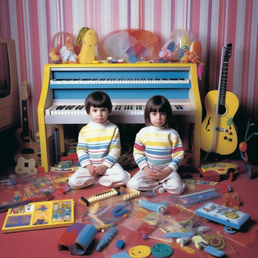 1990s album cover with no words, photo of a boy and a girl wearing pijamas in a room with a plastic toy organ and toy drums and a cuple plastic flutes, every element must be perfected at its utmost excellence :: --v 5