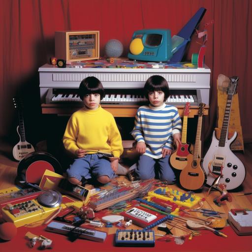 1990s album cover with no words, photo of a boy and a girl wearing pijamas in a room with a plastic toy organ and toy drums and a cuple plastic flutes, every element must be perfected at its utmost excellence :: --v 5