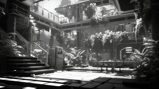 1990s atrium inspited village of apartment buildings and a single green gas station, unreal engine, greyscale, hyper-realistic, 8k, --ar 16:9