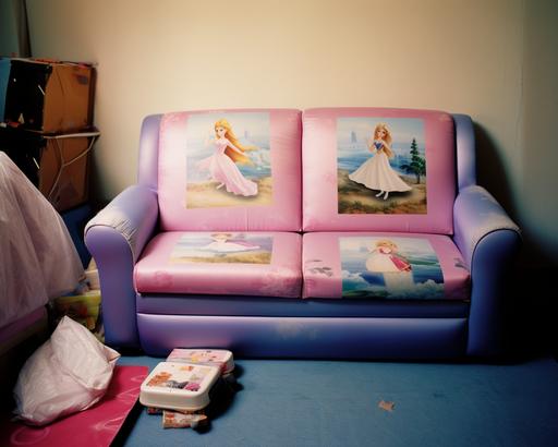 1990s child’s-foam-fold-out-sofa-bed, Barbie-themed, with very faded upholstery, in grandma’s basement, film grain, large format photography, kodak portra, --ar 5:4 --weird 2 --v 5.2 --s 0