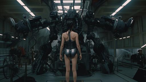 1990's movie still, wide angle, at a distance, zoomed out, establishing shot, in a huge high-tech garage 60ft tall robots are being operator, full figure gorgeous latina in tight fatigues and crop top is a pilot for a huge mechanical droid with large laser guns::4, she is climbing into the large cockpit which is filled with intricate machineary, by Rei Ayanami + H.R. Giger + Ridley Scott + Tim Walker, autochrome, movie still, --ar 16:9 --v 5 --q 2