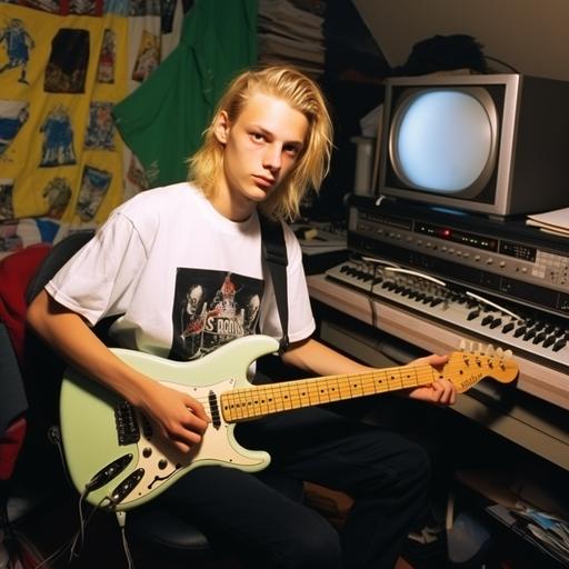 1990s photograph of pale skinny blonde teenager wearing a black rock band tshirt in his room sitting on his gaming pc with a fender telecaster on his wall