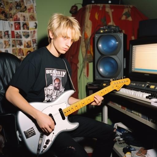 1990s photograph of pale skinny teenager with short blonde hair wearing a black rock band tshirt in his room sitting on his gaming pc with a fender telecaster on his wall