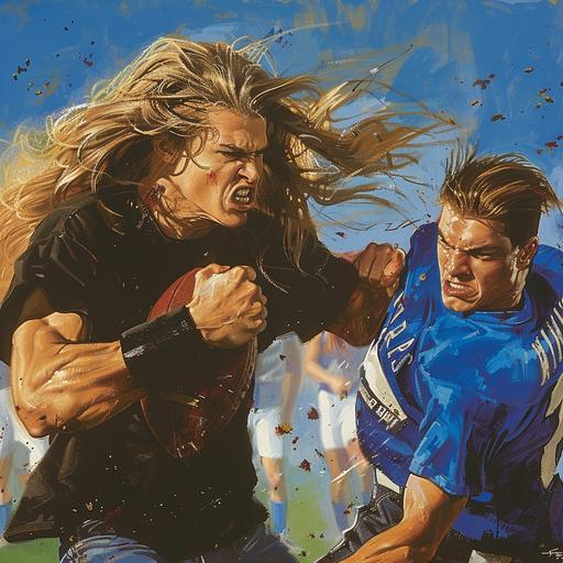 1991 a high school fight, a heavy metal rocker with long blonde hair, wearing a black tshirt, has punched a skinny short haired, clean cut football player wearing a blue jersey