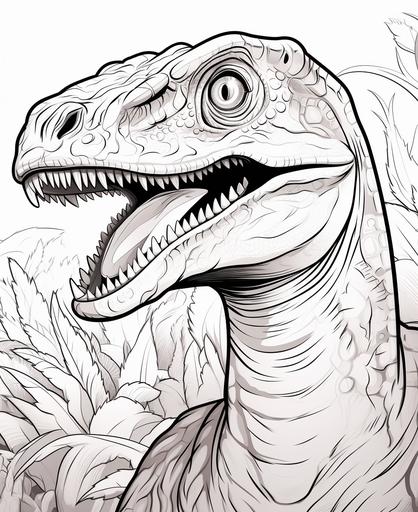 coloring page for kids, velociraptor, cartoon style, thick lines, low detail, no shading --ar 9:11