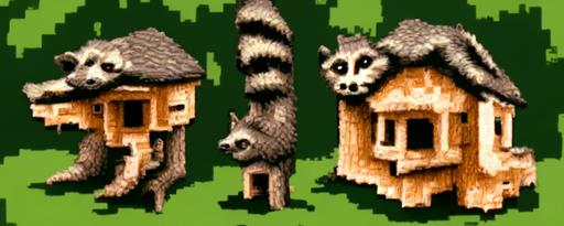 1998 pixel computer game style, beautiful detailed raccoons tree trunk house filled with garabage sculptures --ar 9:1  --v 2