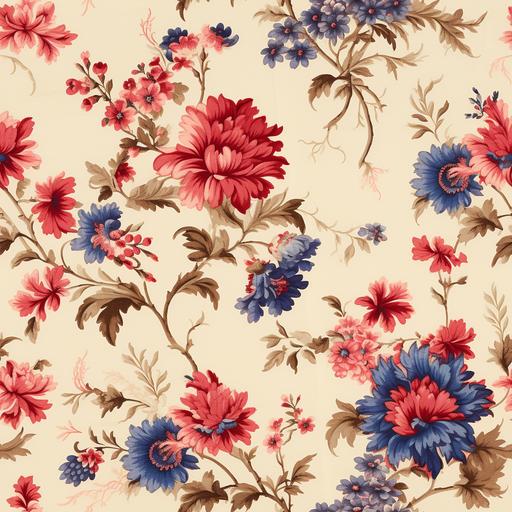 19th century french chintz pattern on a cream background with large red and pink flowers and small blue flowers --tile
