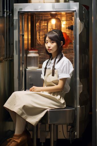 1Photo taken from the right side of a Japanese woman sitting on a chair sideways in a steel box 180 cm high, 90 cm wide, and 90 cm deep, looking at the camera, barista wearing a white shirt and a brown apron, the woman is completely inside the box, the entire box fits in the screen, the woman is pouring coffee into a cup, the box outside of the box, many buttons indicating types of coffee, coin slot, [caffe] sign, photo taken with standard lens, rich textural expression including degradation, no white background --ar 2:3