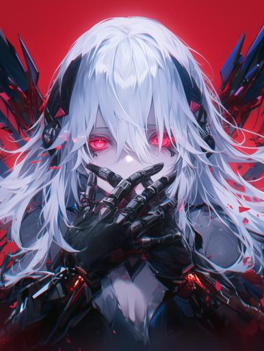 Anime drawing, Guilty Crown, Scary eyes, Dark anime illustration, Long hair, Mysterious, Deformed, Mischievous girl, Cute, Japanese anime character, Anime illustration, Cyber style, Cute, Game advertisement, Main heroine, Distinctive, Lots of eyelashes . Cute eyes, concept art, magazine cover, full view deformed anime character, Japanese style cyberpunk, character design, POP cyberpunk girl, deformation, white hair, cute eyes, half android, cool high-tech shoes, simple design, cool girl, Kingdom Hearts, Evangelion, girl, AKIRA, psychopath, future, game character, Berserk, Dorohedoro, Made in Abyss, deformed character, enemy character, magazine cover, HUD, high-tech cute icon image, illustration, digital art, anime illustration, --ar 3:4 --niji 6