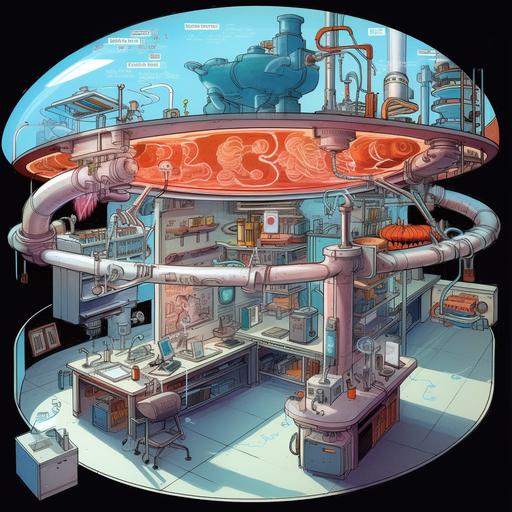 A cross-section of a cell with detailed labels; A laboratory setting with scientific equipment in the background; Bright, fluorescent lighting;Textbook Illustration --s 130 --v 5.1